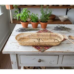 Vintage Handwoven Straw & Wire Basket Tray-Primitive-Farmhouse-Rustic-Woven-Oval